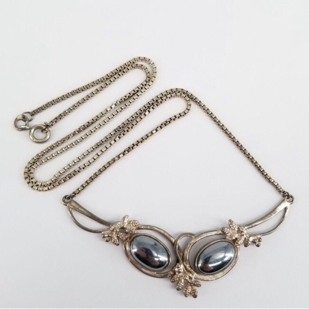 Vintage Sterling Silver Oval Hematite Mistletoe Branch Necklace